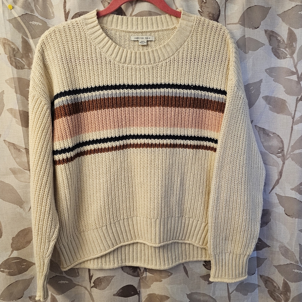 American Eagle Outfitters Cream Pink Burgundy Knit Long Sleeve Sweater Sz Small